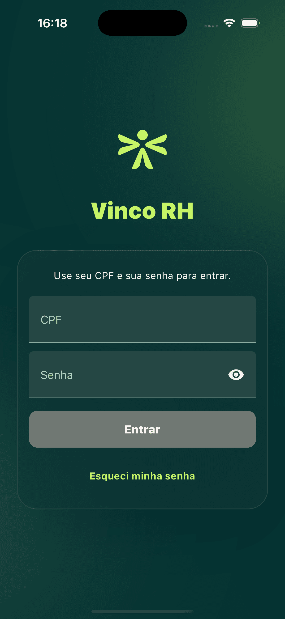 Tela real de login do app Vinco RH no iOS